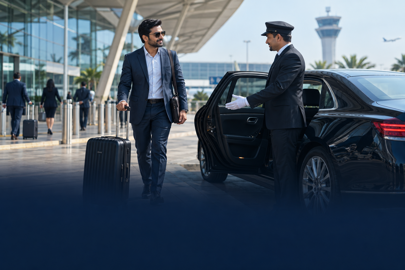 Business traveller greeted by a chauffeur at an airport